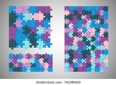 Jigsaw colorful puzzle three vector templates set of different size.