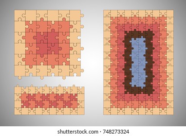 Jigsaw colorful puzzle three vector templates set of different size.