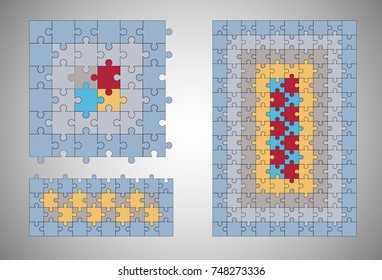 Jigsaw colorful puzzle three vector templates set of different size.