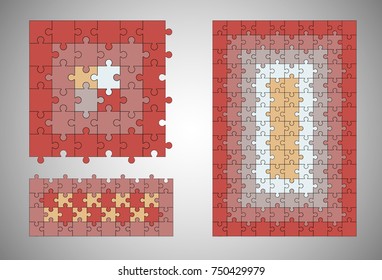 Jigsaw colorful puzzle three vector templates set of different size.