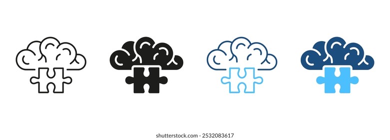 Quebra-cabeça, conceito de mente humana criativa. Quebra-cabeça, Linha do Cérebro e Conjunto de Ícones de Silhueta. Ideia, Memória, Sinal de Educação. Traço editável. Ilustração de vetor isolada.