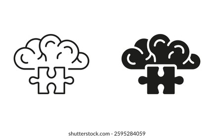 Jigsaw, Creative Human Mind Concept. Puzzle and Brain Line and Silhouette Icon Set. Idea, Memory, Education Sign. Editable Stroke. Isolated Vector Illustration.