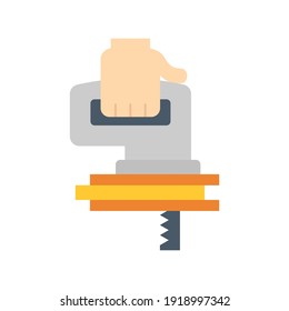 Jigsaw or electric saw, wood or wooden floor cutting vector icon. Portable power hand tool or equipment with reciprocating blade and motor for builder, carpenter to repair, construction, renovation.
