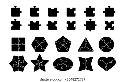 Jigsaw elements. Puzzle shapes template, black pieces for game or hand made. Game details, teamwork metaphor. Puzzles recent vector grids