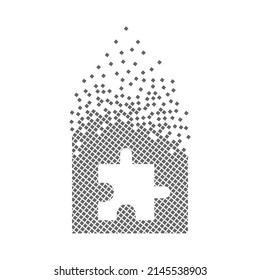Jigsaw fast pixel dots icon. The puzzle distortion mark pixel is flat-solid. Dissolved and dispersed moving dot art. Integrative and integrative pixel movement. Connecting the modern dots.