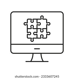 Juego de rompecabezas en Pictograma lineal para computadora. Aplicación de rompecabezas en línea en el icono de la línea del equipo. Lluvia de ideas, trabajo en equipo, estrategia. Signo de contorno de rompecabezas digital web. Stroke editable. Ilustración de vectores aislados.