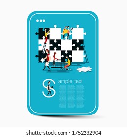 Jigsaw Game Creativity Concept. Creative Business People with Puzzle Pieces on Leaflet with Sample Text Vector Illustration.