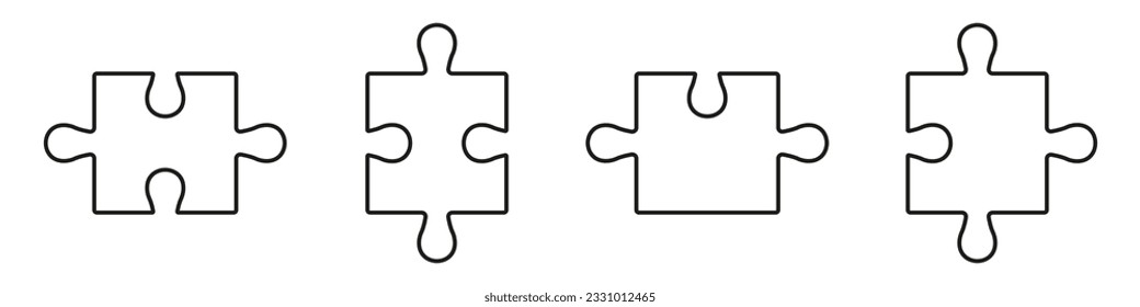 Jigsaw Game Matching, Complete Logic Solution Linear Pictogram. Puzzle Pieces Fit Line Icon Set. Business Strategy, Teamwork, Brainstorming Outline Sign. Editable Stroke. Isolated Vector Illustration.