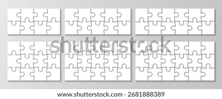 Jigsaw grid set with 6 templates. Scheme of thinking game collection. Puzzle pieces grid. Modern background with separate shapes. Mosaic silhouette. Cutting template. Vector illustrator