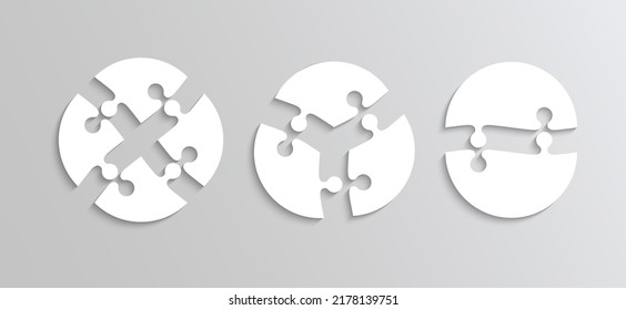 Jigsaw grids in circle shape. Puzzle pieces set with 2,3, and 4 details. Scheme for thinking game. Simple mosaic background. Cutting template with details. Frame tiles. Vector illustration.