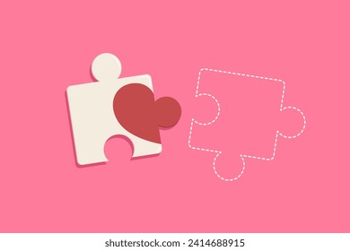 Jigsaw of half heart with missing piece dash isolated on pink background. Concept of Valentine's day, soulmate, love, relationship, couple, missing part, heart. Flat vector illustration.