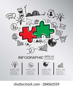 Jigsaw hand drawn concept with icons background. vector