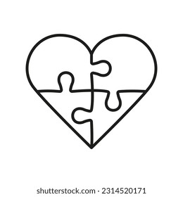 Jigsaw in Heart Shape Line Icon. Human Relationships, Love, Harmony Puzzle Pieces Match Together Linear Pictogram. Romance Dating Outline Sign. Editable Stroke. Isolated Vector Illustration.