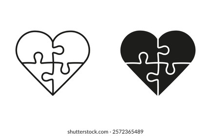 Jigsaw in Heart Shape Line Icon. Human Relationships, Love, Harmony Puzzle Pieces Match Together Linear Pictogram. Romance Dating Outline Sign. Editable Stroke. Isolated Vector Illustration.