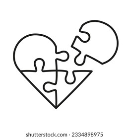 Jigsaw in Heart Shape with Missing Piece Line Icon. Puzzle Pieces Match Together Human Relationships, Love, Romance Dating, Harmony Linear Pictogram. Editable Stroke. Isolated Vector Illustration.