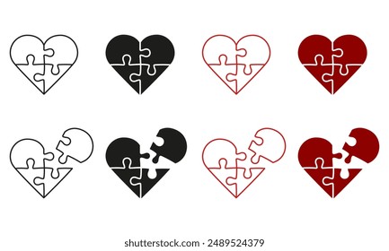 Jigsaw in Heart Shape with Missing Piece Line and Silhouette Icon. Puzzle Pieces Match Together. Editable Stroke. Isolated Vector Illustration.