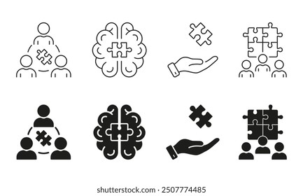 Jigsaw, Human Mind Concept Line and Silhouette Icon Set. Puzzle Jigsaw and Partnership Success. Team Building, Unity, Business Community Pictogram. Editable Stroke. Isolated Vector Illustration.