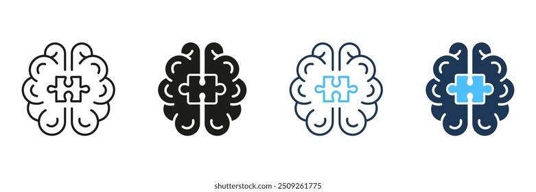 Quebra-cabeça, Linha de Conceito Mental Humano e Conjunto de Ícones de Silhueta. Coleção de Símbolos de Quebra-Cabeça e Cérebro. Traço editável. Ilustração de vetor isolada.