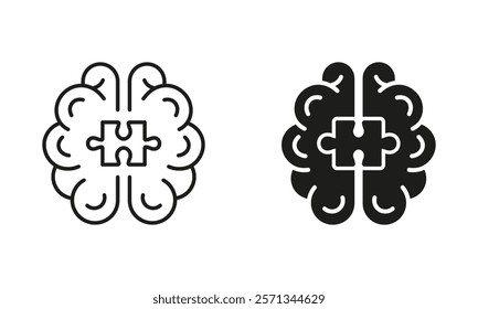 Jigsaw, Human Mind Concept Line and Silhouette Icon Set. Puzzle and Brain Symbol Collection. Editable Stroke. Isolated Vector Illustration.