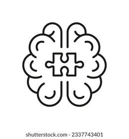 Jigsaw, Human Mind Concept. Icono de rompecabezas y línea cerebral. Encontrar una solución creativa, un pictograma lineal de resolución de problemas. Idea, Memoria, Signo de esquema educativo. Stroke editable. Ilustración de vectores aislados.