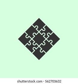 Jigsaw icon flat. Grey vector symbol on green background