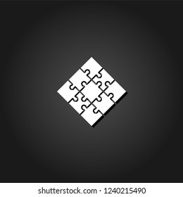 Jigsaw icon flat. Simple White pictogram on black background with shadow. Vector illustration symbol