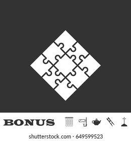 Jigsaw icon flat. White pictogram on black background. Vector illustration symbol and bonus icons