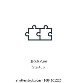 Jigsaw icon. Thin linear jigsaw outline icon isolated on white background from startup collection. Line vector sign, symbol for web and mobile