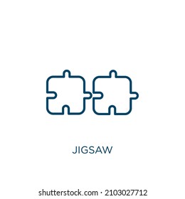jigsaw icon. Thin linear jigsaw outline icon isolated on white background. Line vector jigsaw sign, symbol for web and mobile