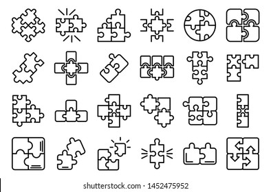 Jigsaw icons set. Outline set of jigsaw vector icons for web design isolated on white background