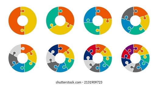 Juego de gráfico circular de Jigsaw Infographic. Recopilación de ciclos 2,3,4,5,6,7 y 8 secciones Círculo