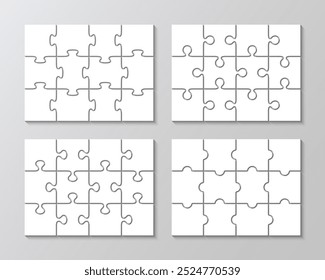 Jigsaw infographics with 12 pieces. 4 puzzles set business chain infographic. Puzzle grid. Process diagram presentation. Business info graphic with steps, parts. Vector illustration