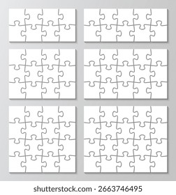 Jigsaw infographics collection. 6 puzzles set business chain infographic. Puzzle grid. Process diagram presentation. Business info graphic with steps, parts. Vector illustration