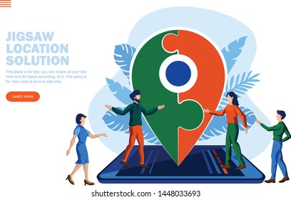jigsaw location solution with team discussion and strategy on mobile concept vector illustration
