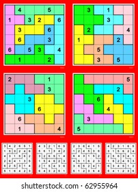 Jigsaw Mini-Sudoku vector set. Symmetrical. Very easy, easy, medium & hard. 16, 10, 8, 6 clues.