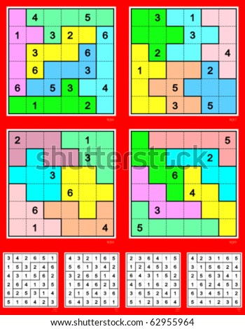 Jigsaw Mini-Sudoku vector set. Symmetrical. Very easy, easy, medium & hard. 16, 10, 8, 6 clues.