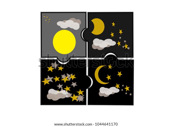 Jigsaw, moon, sky, stars, dark night, vector\
illustration, for education and school, kindergarten and elementary\
school, cartoon\
pictures