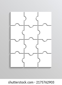 Jigsaw Rahmengitter 4x3 Elemente. Puzzle mit 12 Stücken. Porträtorientierung. Moderner Rätsel-Hintergrund. Denkspiel mit separaten Formen. Einfaches Mosaik-Layout. Laserschnitt-Rahmen. Vektorgrafik.