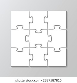 Jigsaw outline grid with 9 details. Scheme of thinking game. Square puzzle pieces grid. Modern background with separate shapes. Mosaic silhouette. Cutting template. Simple frame tiles. Vector