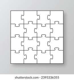 Jigsaw outline grid. Cutting template with 16 details. Mosaic silhouette. Scheme of thinking game. Modern background with separate shapes. Square puzzle pieces grid. Simple frame tiles. Vector