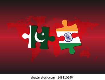 Jigsaw of Pakistan and India Flag over World Dotted Background