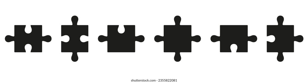 Jigsaw Parts Matching Together Silhouette Icon Set. Puzzle Pieces Fit in Combination Pictogram. Teamwork, Strategy, Brainstorming Solid Symbol. Complete Game Solution. Isolated Vector Illustration.