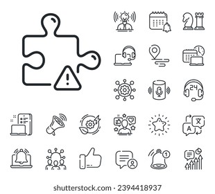 Jigsaw piece with attention sign. Place location, technology and smart speaker outline icons. Puzzle line icon. Business challenge symbol. Puzzle line sign. Influencer, brand ambassador icon. Vector