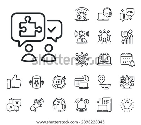 Jigsaw piece with chat bubbles sign. Place location, technology and smart speaker outline icons. Puzzle line icon. Business challenge symbol. Puzzle line sign. Vector