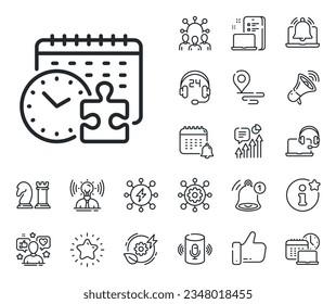 Pieza de rompecabezas con signo de reloj. Coloque los iconos de la ubicación, la tecnología y el contorno del altavoz inteligente. Icono de la línea de tiempo de rompecabezas. Símbolo de desafío comercial. Signo de la línea de tiempo del rompecabezas. Vector