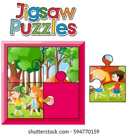 Jigsaw pieces of kids camping in woods illustration