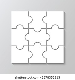 Jigsaw pieces mosaic with 6 details. Puzzle grid template. Layout of thinking mosaic game. White modern background. Infographic diagram. Vector illustration.