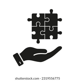 Jigsaw Pieces, Successful Teamwork Silhouette Icon. Strategy, Problem Solving, Solution, Idea Glyph Pictogram. Puzzle Combination and Human Hand Solid Sign. Isolated Vector Illustration.