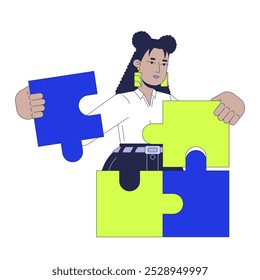 Jigsaw problem solving 2D illustration concept. Strategy puzzles connecting. Latina woman strategist cartoon character isolated on white. Strategic management metaphor abstract flat vector graphic