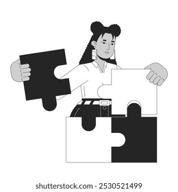 Jigsaw solución de problemas en blanco y negro concepto de ilustración 2D. Estrategia rompecabezas de conexión. Mujer latina estratega esboza personaje aislado. Metáfora de gestión estratégica Arte vectorial monocromo